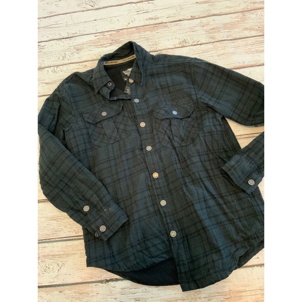 Harley-Davidson Mens Thermal‎ Lined Plaid Flannel Shirt Green Black Medium HD